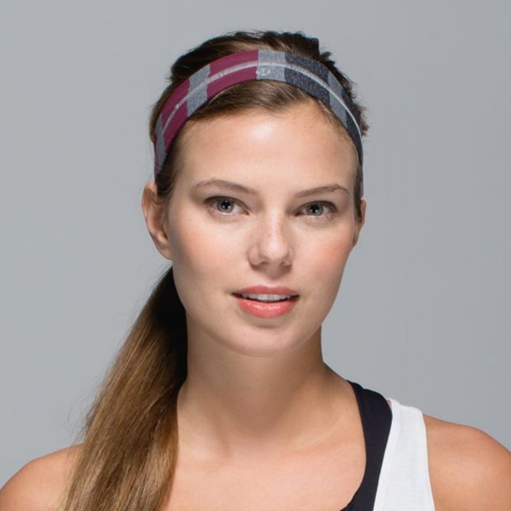 3/$36 - Lululemon Fly Away Tamer Headband, grey burgundy charcoal stripe mauve